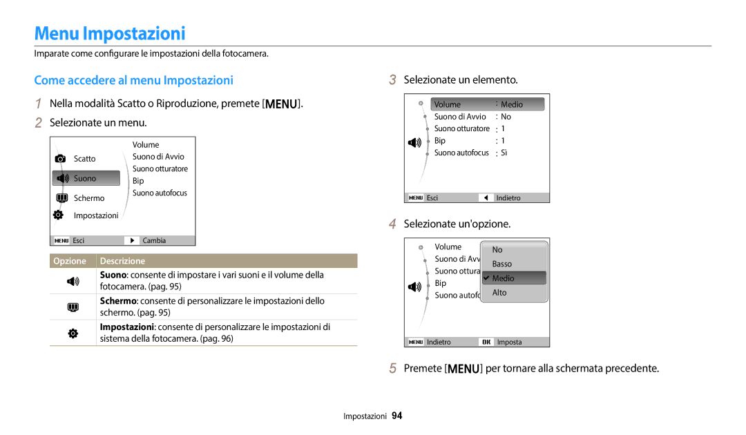 Samsung EC-ES95ZZBPWE3 manual Menu Impostazioni, Come accedere al menu Impostazioni, Selezionate un elemento 