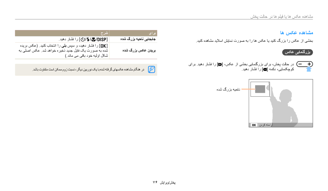 Samsung EC-ES99ZZBCBMK, EC-ES99ZZBCWMK manual ﺎﻫ ﺲﮑﻋ ﻩﺪﻫﺎﺸﻣ, ﺲﮑﻋ ﯽﻳﺎﻤﻨﮔﺭﺰﺑ, ﻩﺪﺷ گﺭﺰﺑ ﻪﻴﺣﺎﻧ ﯽﻳﺎﺠﺑﺎﺟ, ﻩﺪﺷ گﺭﺰﺑ ﺲﮑﻋ ﻥﺪﻳﺮﺑ 