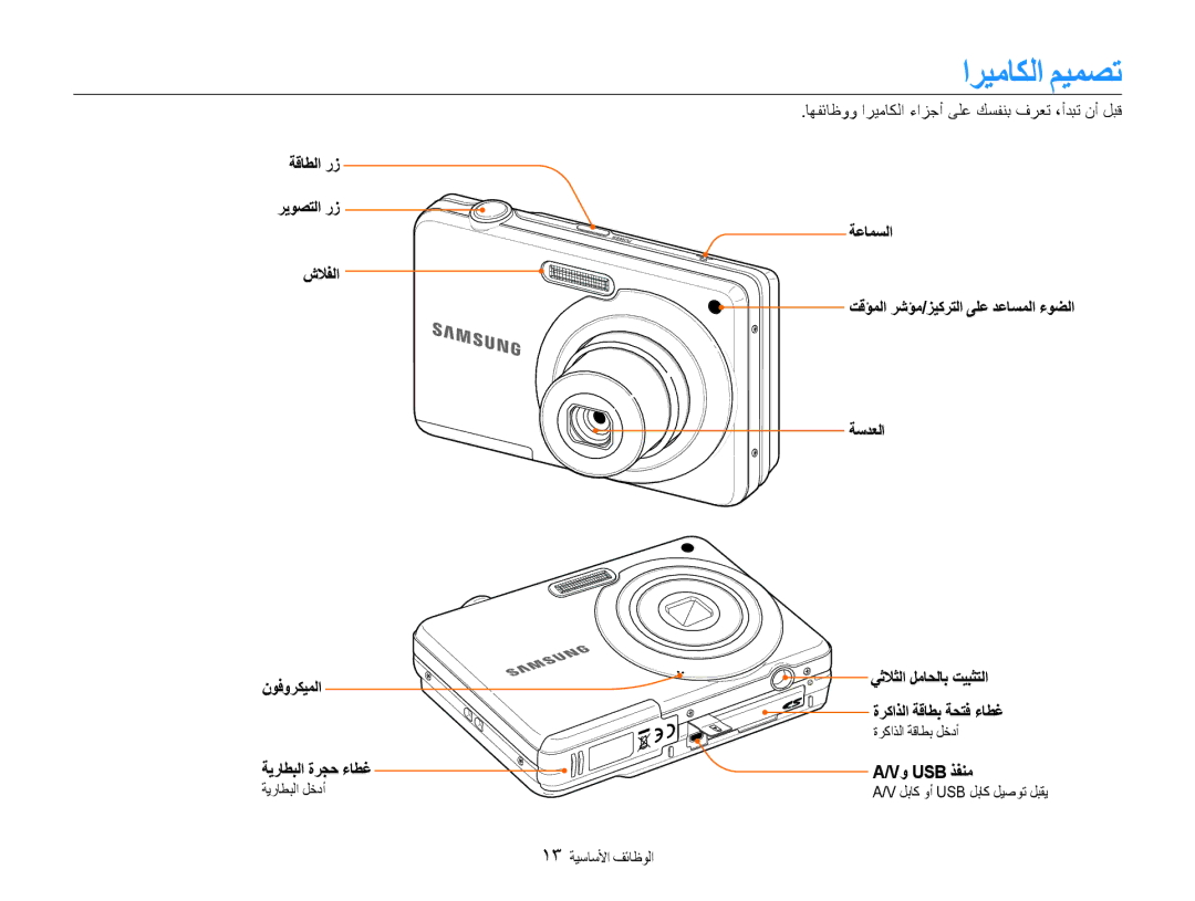 Samsung EC-ES9ZZZDABME manual اريماكلا ميمصت, ةقاطلا رز ريوصتلا رز شلافلا نوفوركيملا ةيراطبلا ةرجح ءاطغ, Vو Usb ذفنم 