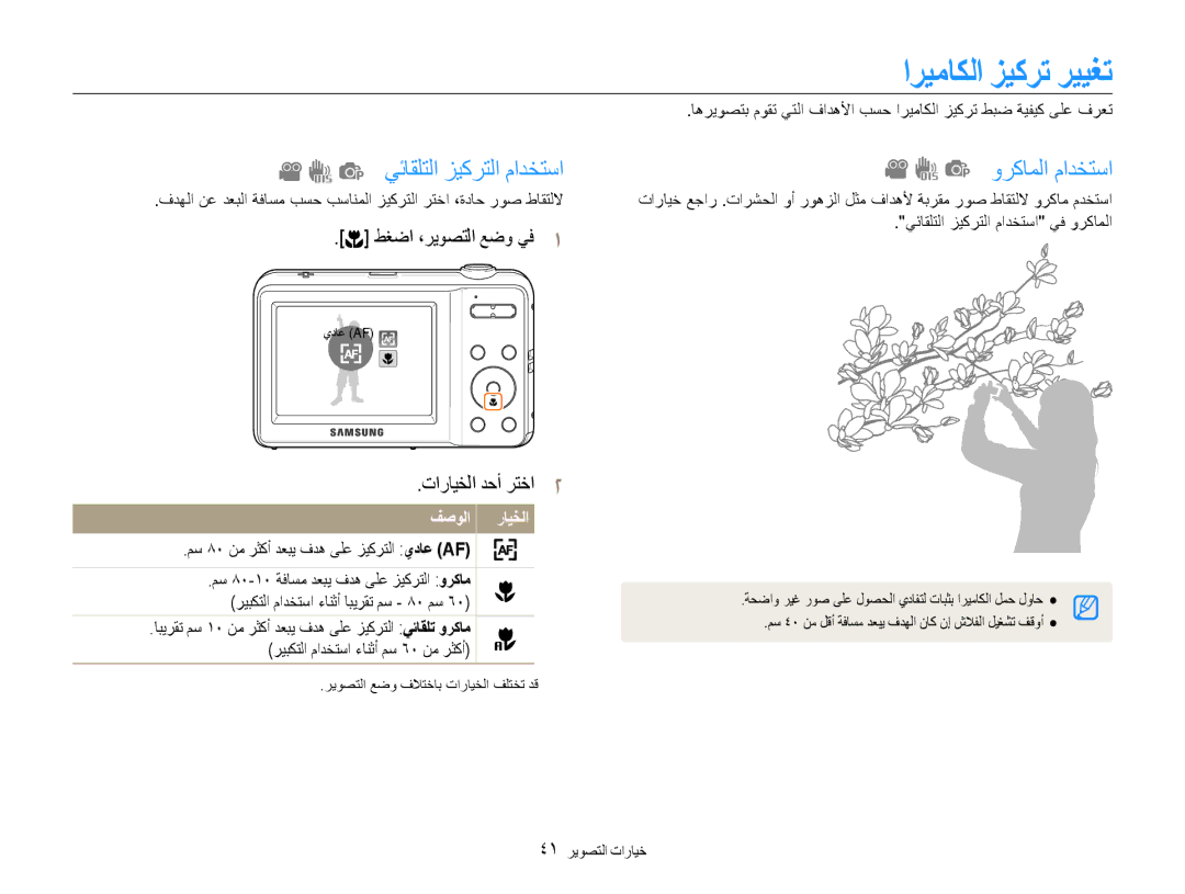 Samsung EC-ES9ZZZDABIR, EC-ES9ZZZBABE1 اريماكلا زيكرت رييغت, يئاقلتلا زيكرتلا مادختسا, وركاملا مادختسا, 41 خيارات التصوير 