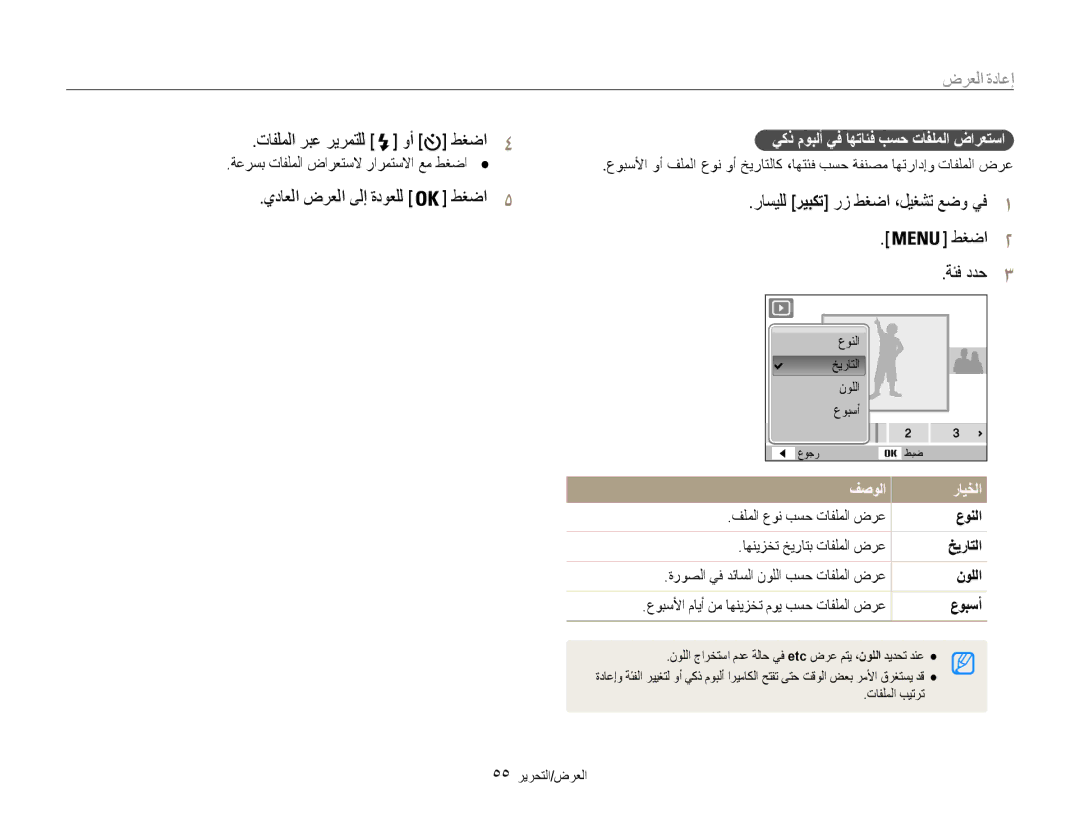 Samsung EC-ES9ZZZBASKE, EC-ES9ZZZBABE1 manual إعادة العرض, تافلملا ربع ريرمتلل وأ طغضا4, يداعلا ضرعلا ىلإ ةدوعلل طغضا5 