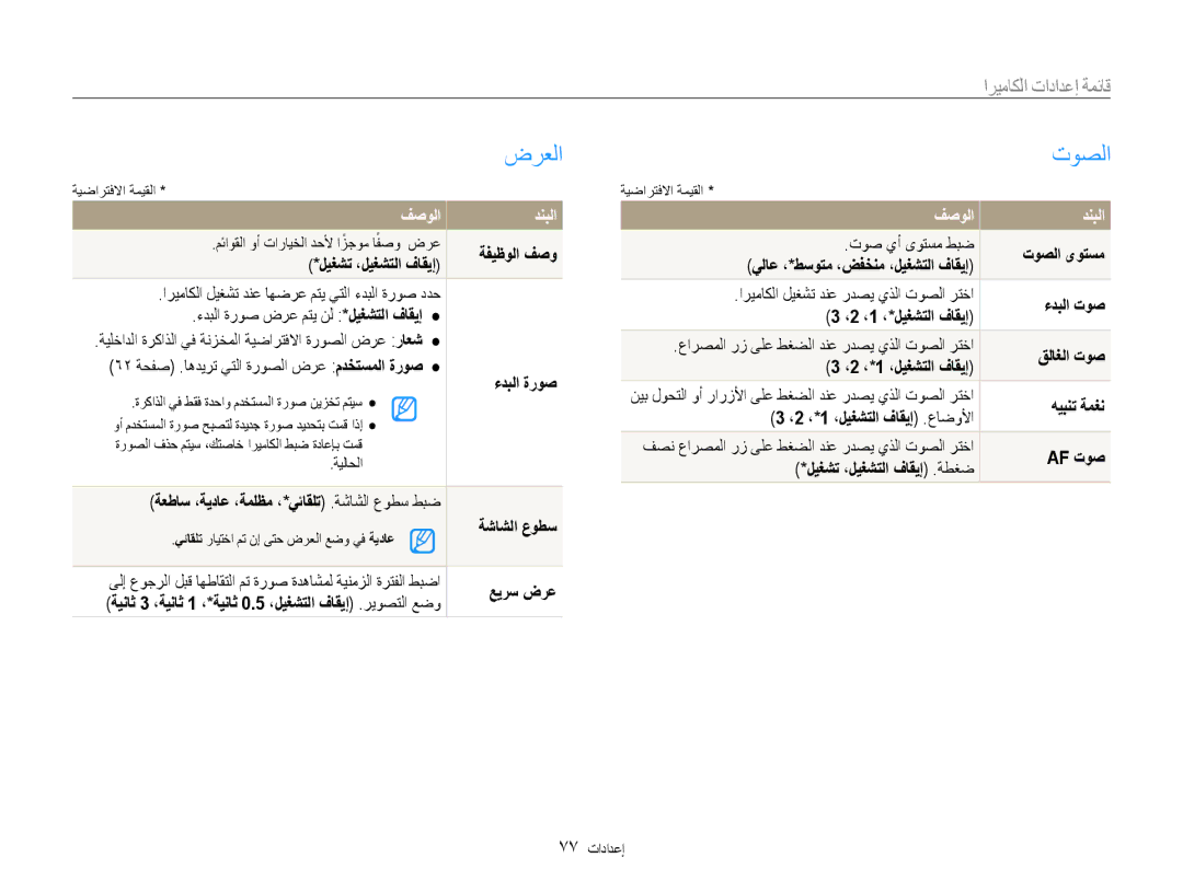 Samsung EC-ES9ZZZBASKE, EC-ES9ZZZBABE1, EC-ES9ZZZBABRU, EC-ES9ZZZBASAE ضرعلا, توصلا, قائمة إعدادات الكاميرا, فصولا دنبلا 