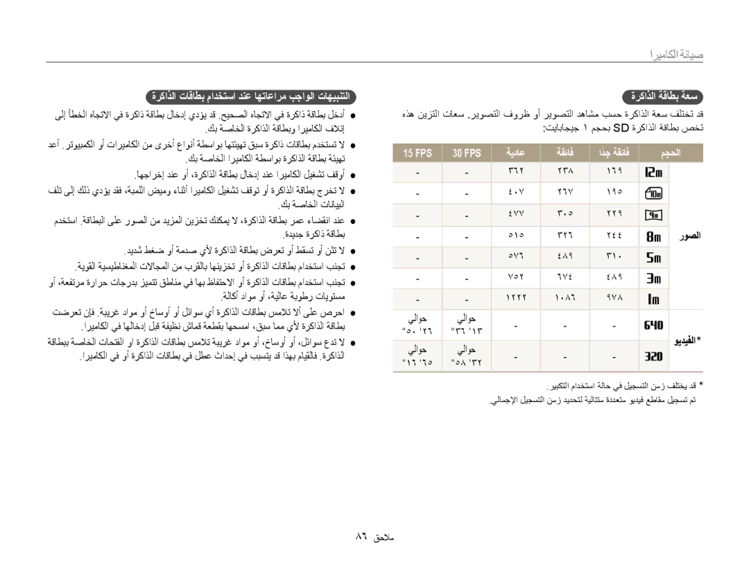 Samsung EC-ES9ZZZDARIR, EC-ES9ZZZBABE1 ةركاذلا تاقاطب مادختسا دنع اهتاعارم بجاولا تاهيبنتلا, 15 FPS, ةيداع, ادجً, مجحلا 