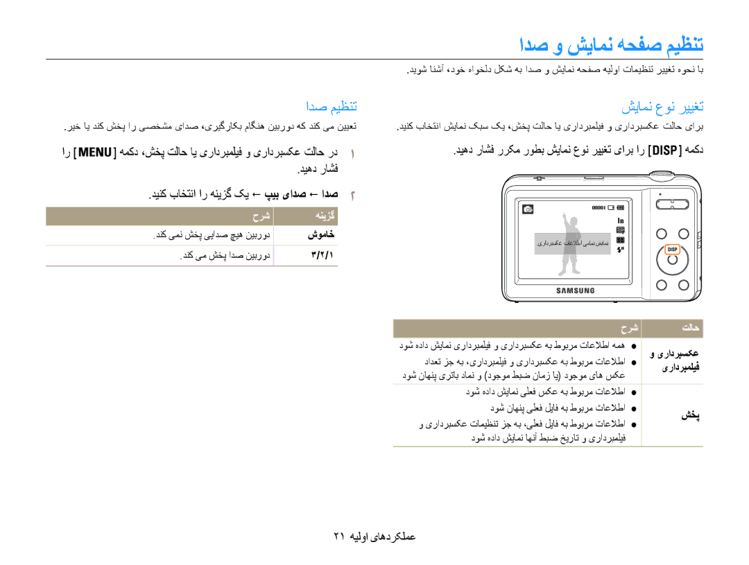 Samsung EC-ES9ZZZBABE1, EC-ES9ZZZBABRU, EC-ES9ZZZBASAE ادص و شیامن هحفص میظنت, ادص میظنت, دیهد راشف, 21 عملکردهای اولیه 