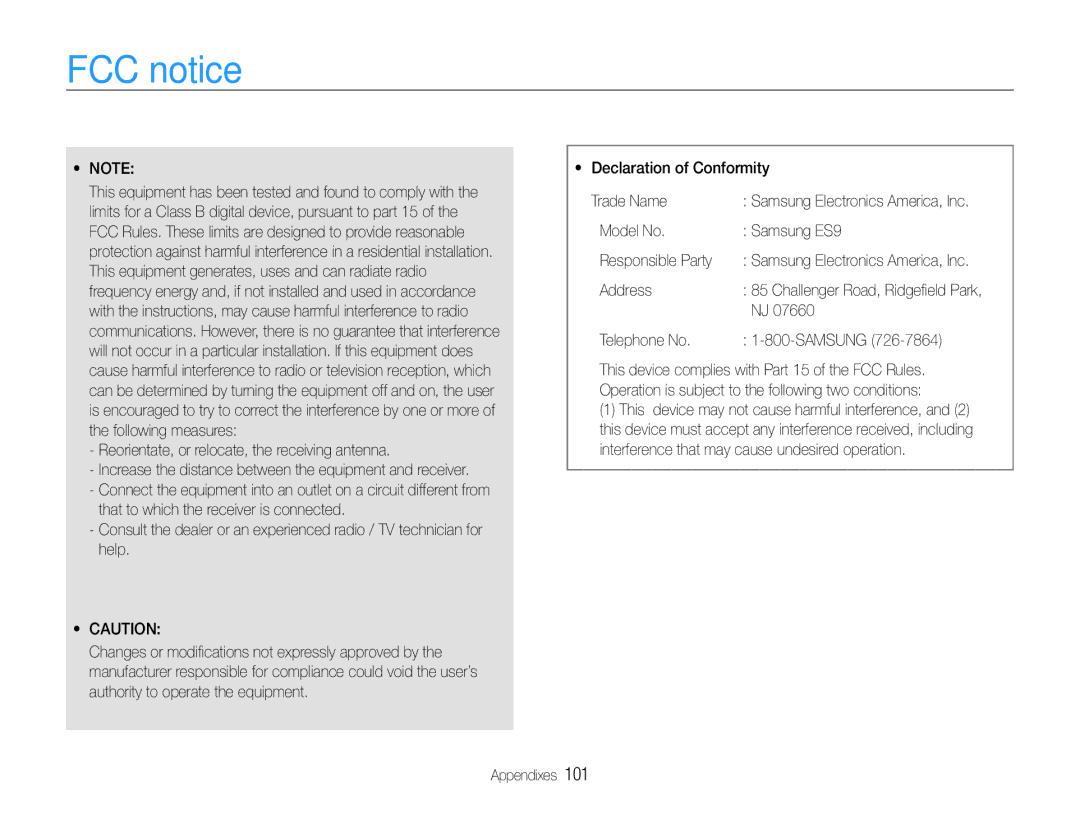 Samsung EC-ES9ZZZBARKE, EC-ES9ZZZBABE1 FCC notice, Model No Samsung ES9 Responsible Party, Address, Telephone No Samsung 