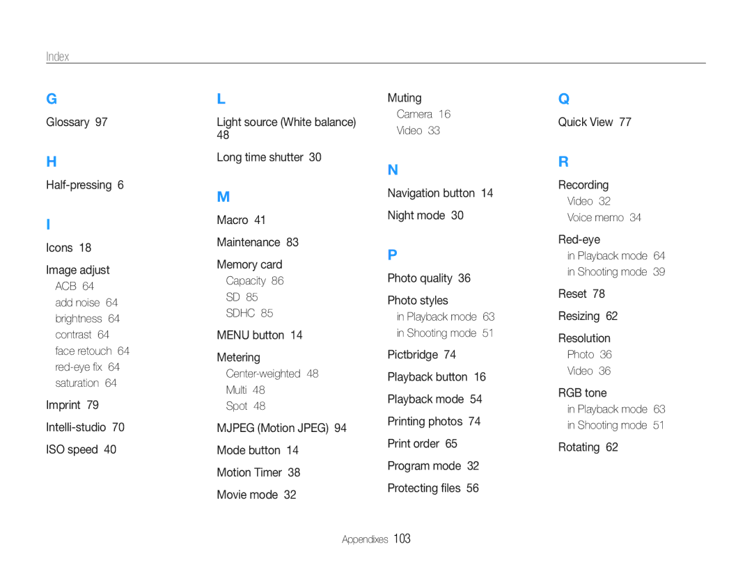 Samsung EC-ES9ZZZBASTR, EC-ES9ZZZBABE1 manual Index, Center-weighted Multi Spot, Camera Video, Video Voice memo, Photo Video 