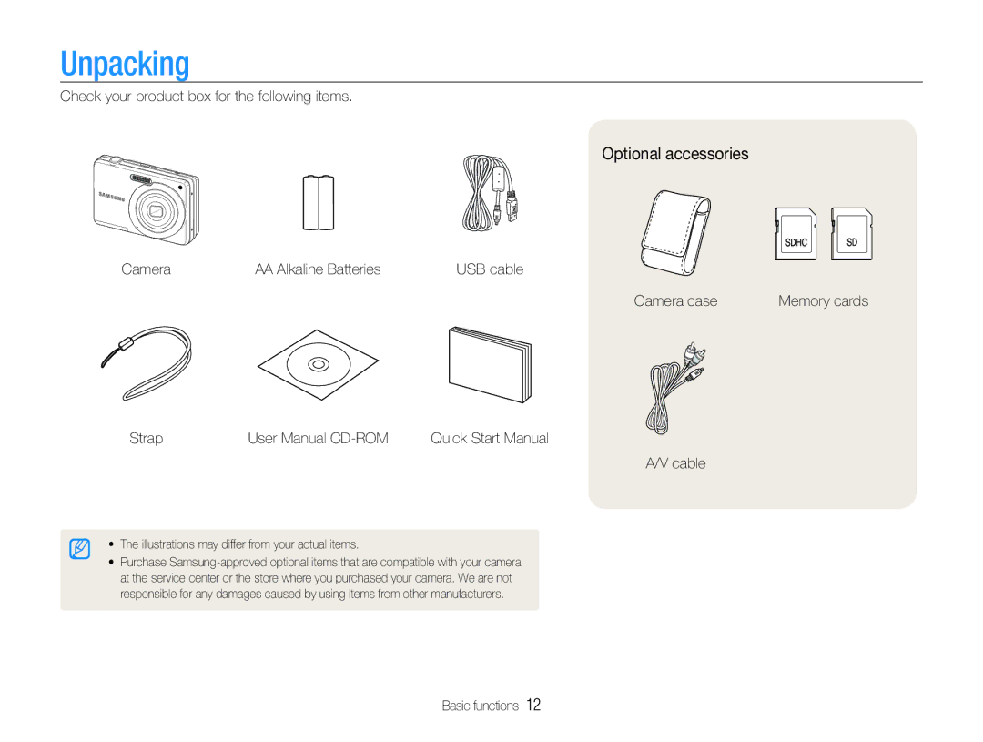 Samsung EC-ES9ZZZBASKE, EC-ES9ZZZBABE1, EC-ES9ZZZBAPE1, EC-ES9ZZZBABRU, EC-ES9ZZZBASAE manual Unpacking, Optional accessories 