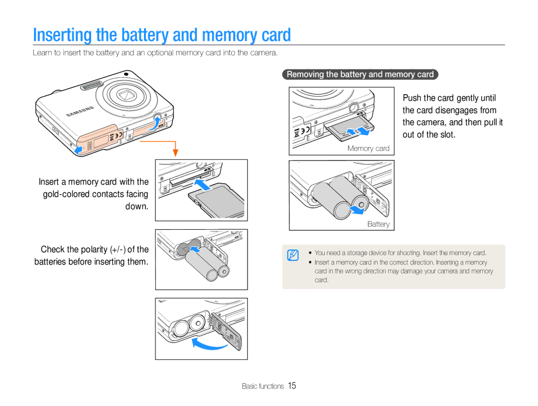 Samsung EC-ES9ZZZDASME, EC-ES9ZZZBABE1 manual Inserting the battery and memory card, Removing the battery and memory card 