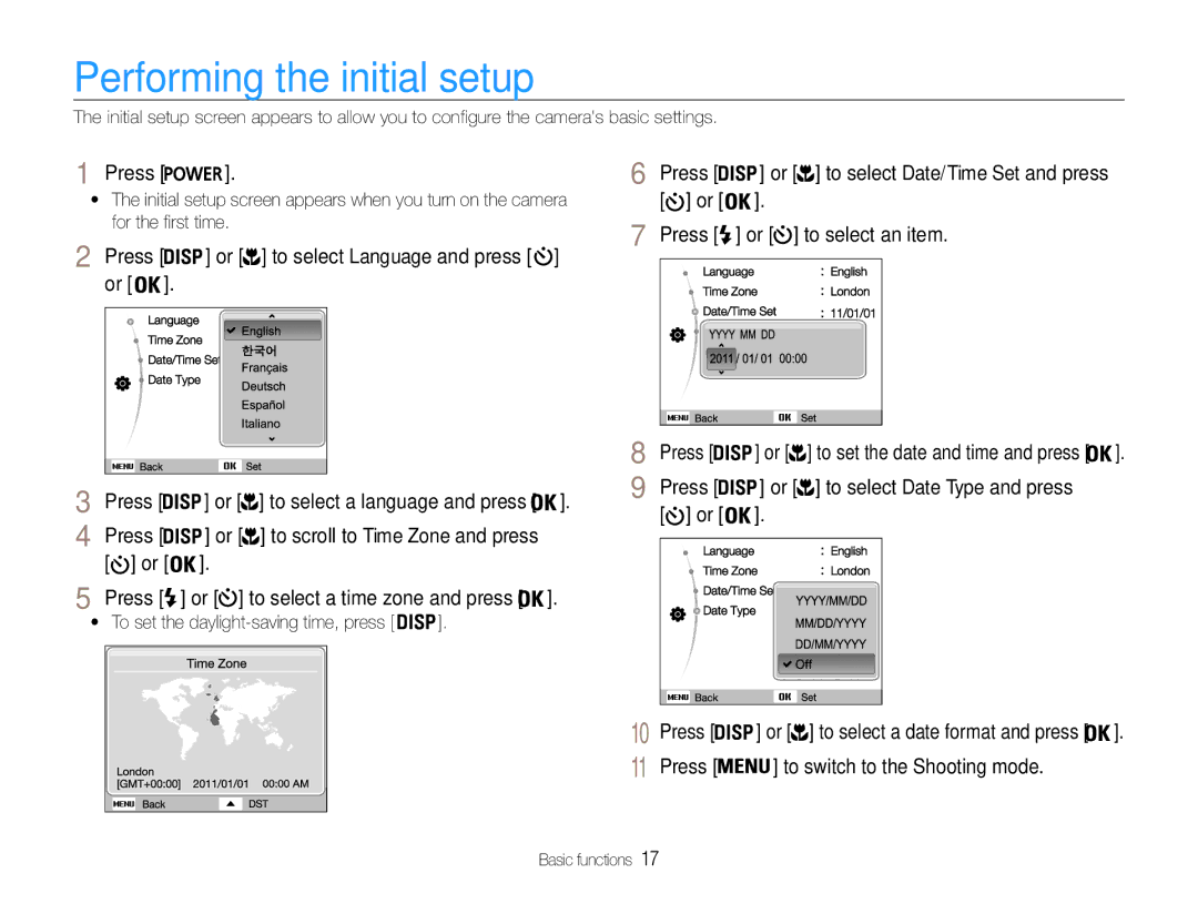 Samsung EC-ES9ZZZBABIL, EC-ES9ZZZBABE1 manual Performing the initial setup, Press Or to select Date/Time Set and press 