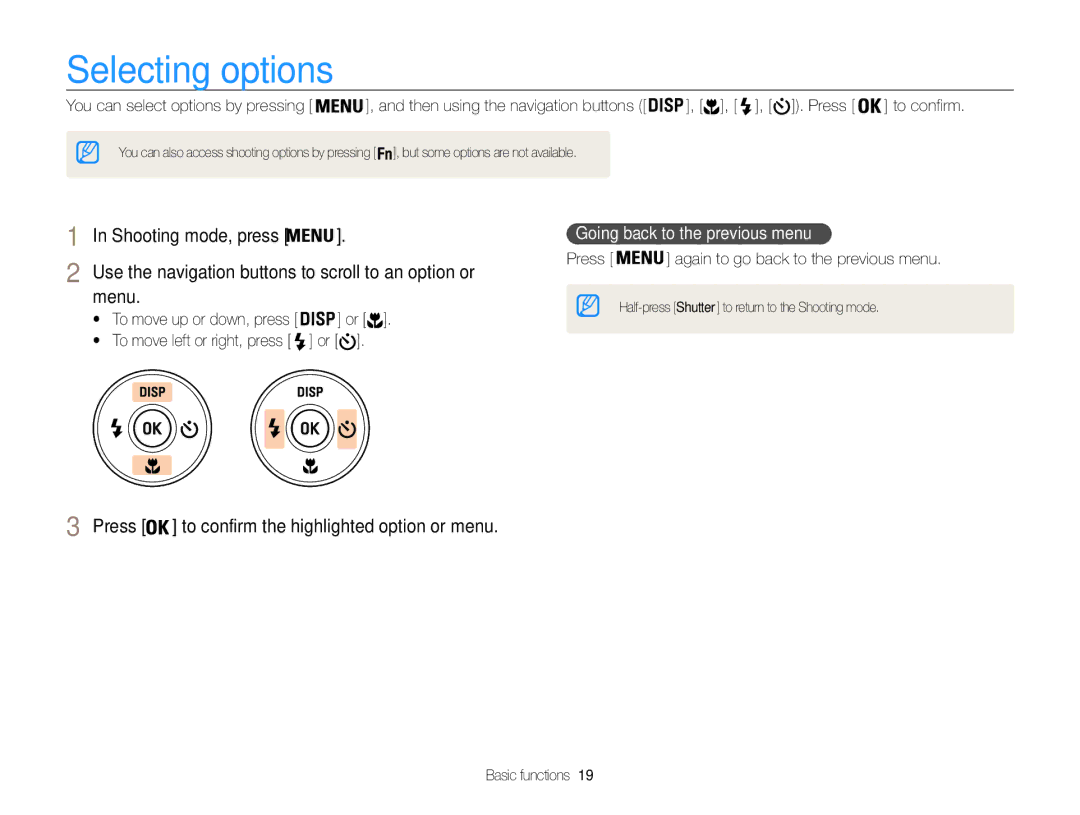 Samsung EC-ES9ZZZBASIL, EC-ES9ZZZBABE1 manual Selecting options, Shooting mode, press, Menu, Going back to the previous menu 