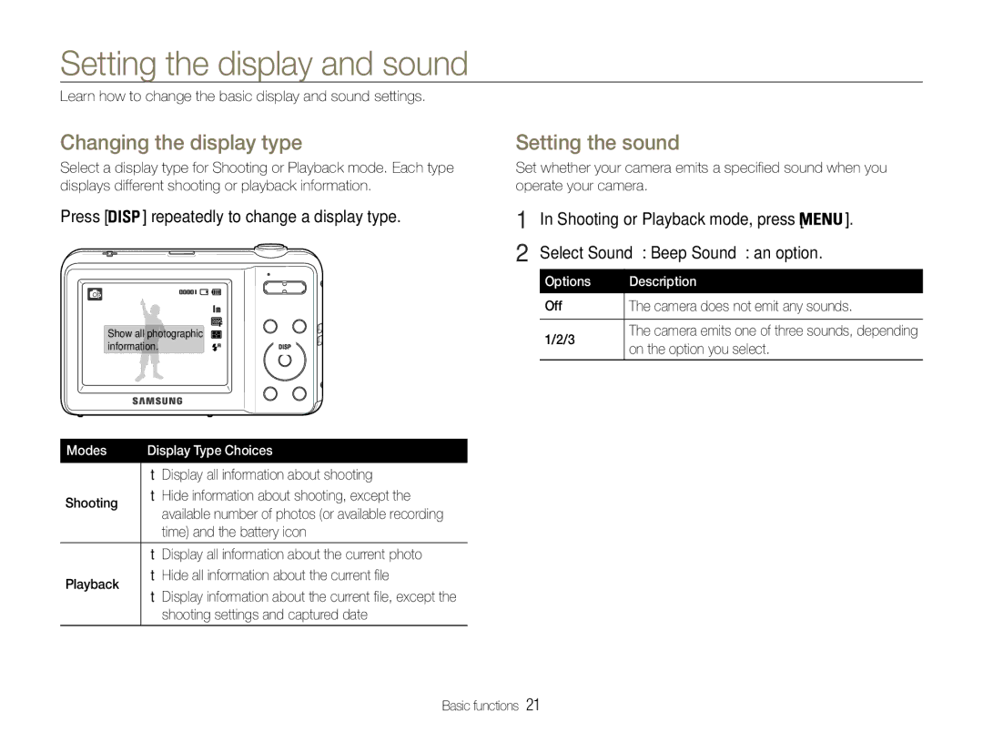 Samsung EC-ES9ZZZDARIR, EC-ES9ZZZBABE1 manual Setting the display and sound, Changing the display type, Setting the sound 