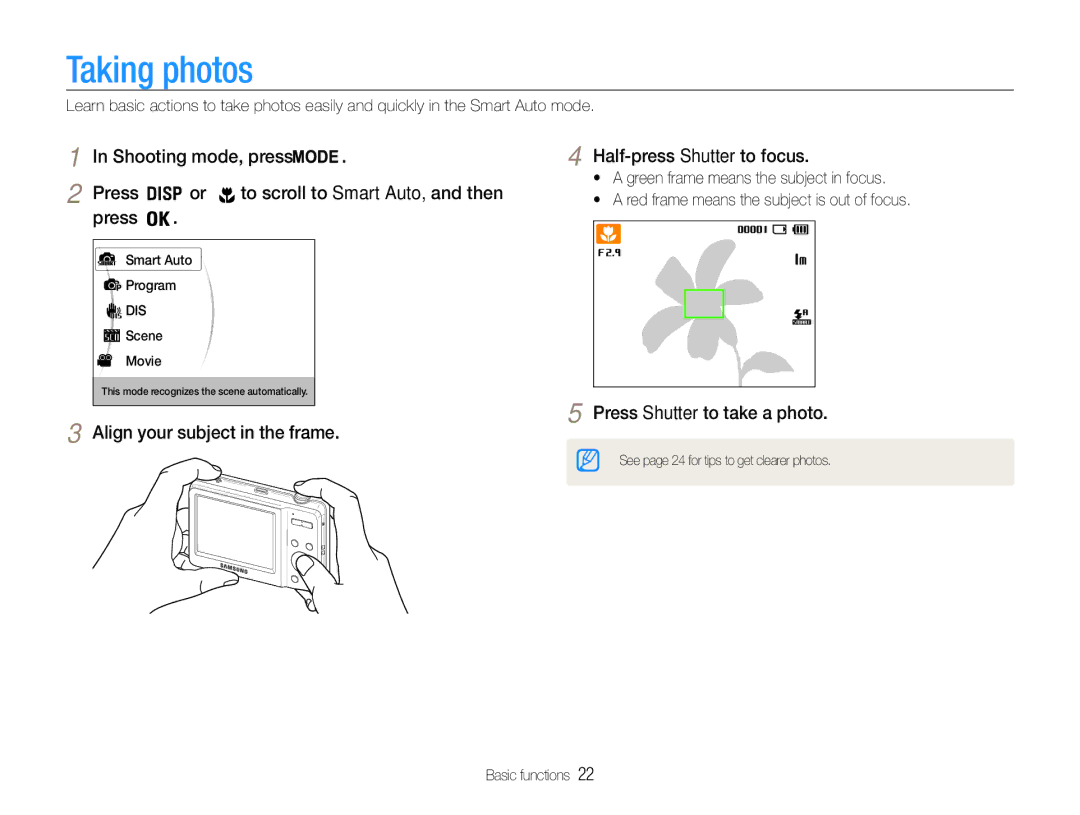 Samsung EC-ES9ZZZBDSVN, EC-ES9ZZZBABE1 manual Taking photos, Align your subject in the frame Half-press Shutter to focus 