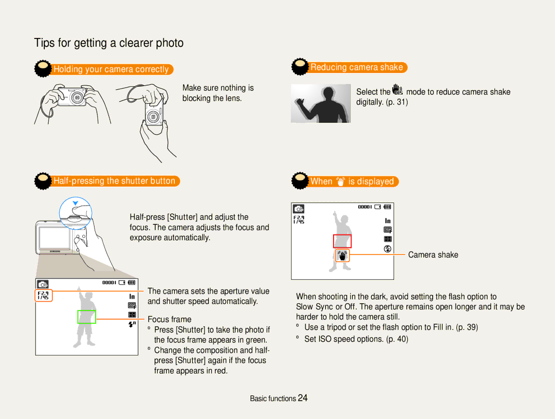 Samsung EC-ES9ZZZBDBVN manual Holding your camera correctly, Half-pressing the shutter button When, Reducing camera shake 