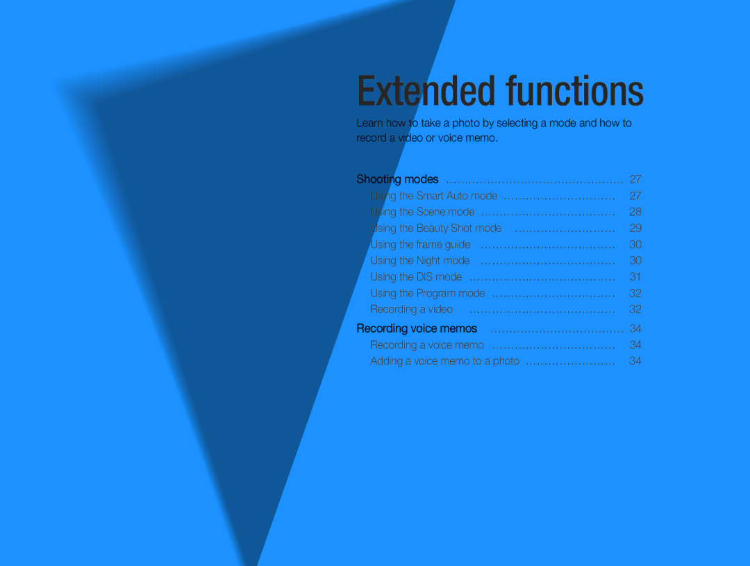 Samsung EC-ES9ZZZBABE3, EC-ES9ZZZBABE1, EC-ES9ZZZBAPE1, EC-ES9ZZZBABRU, EC-ES9ZZZBASAE, EC-ES9ZZZBDBSA manual Extended functions 