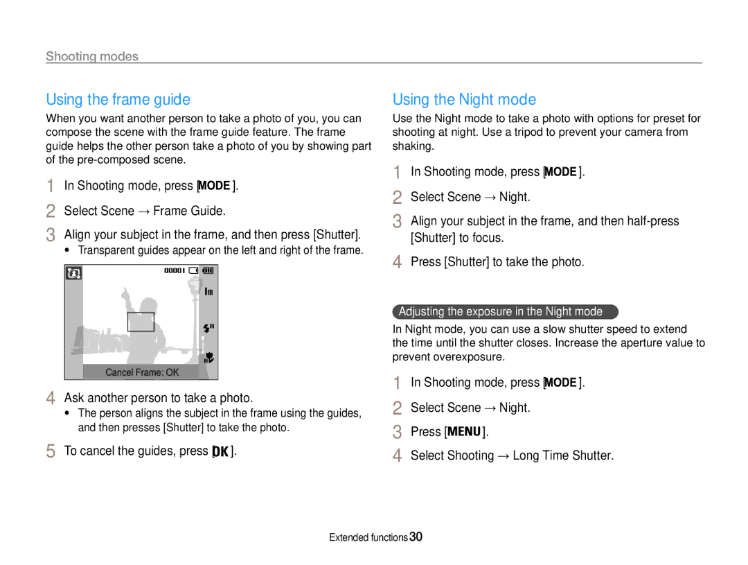 Samsung EC-ES9ZZZBARE2, EC-ES9ZZZBABE1, EC-ES9ZZZBAPE1, EC-ES9ZZZBABRU manual Using the frame guide, Using the Night mode 