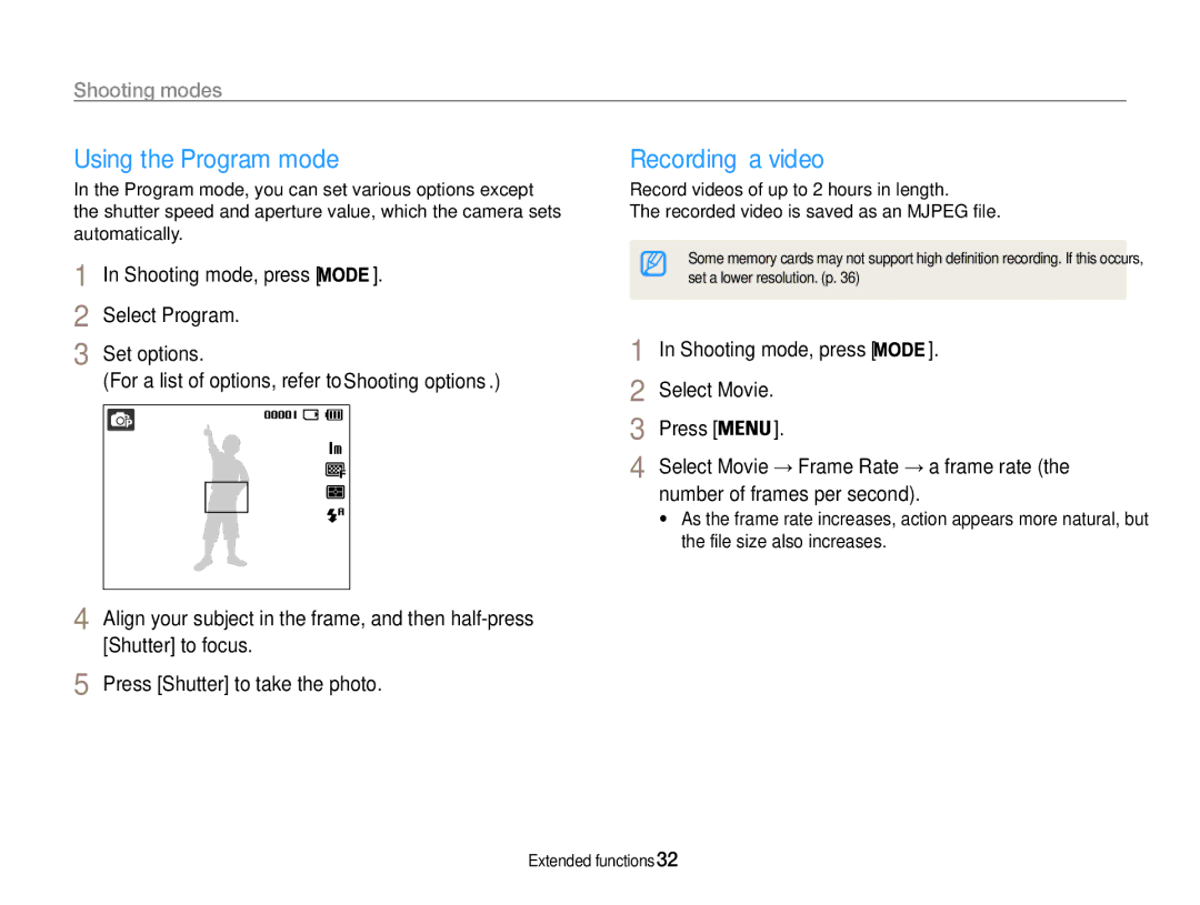 Samsung EC-ES9ZZZBAPE1 manual Using the Program mode, Recording a video, Shooting mode, press Select Program Set options 