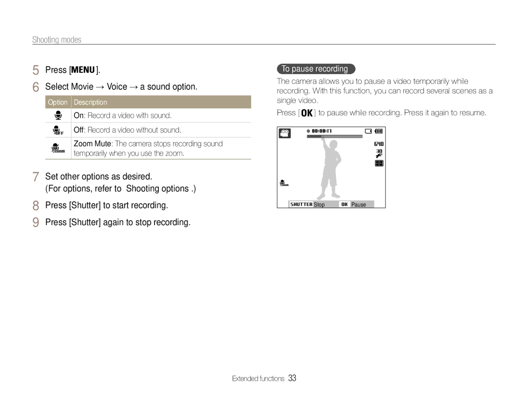 Samsung EC-ES9ZZZBABRU, EC-ES9ZZZBABE1 manual To pause recording, Select Movie → Voice → a sound option, Option Description 