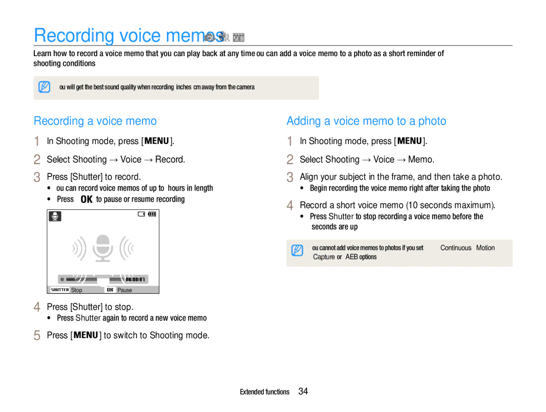 Samsung EC-ES9ZZZBASAE, EC-ES9ZZZBABE1 manual Recording voice memos, Recording a voice memo, Adding a voice memo to a photo 