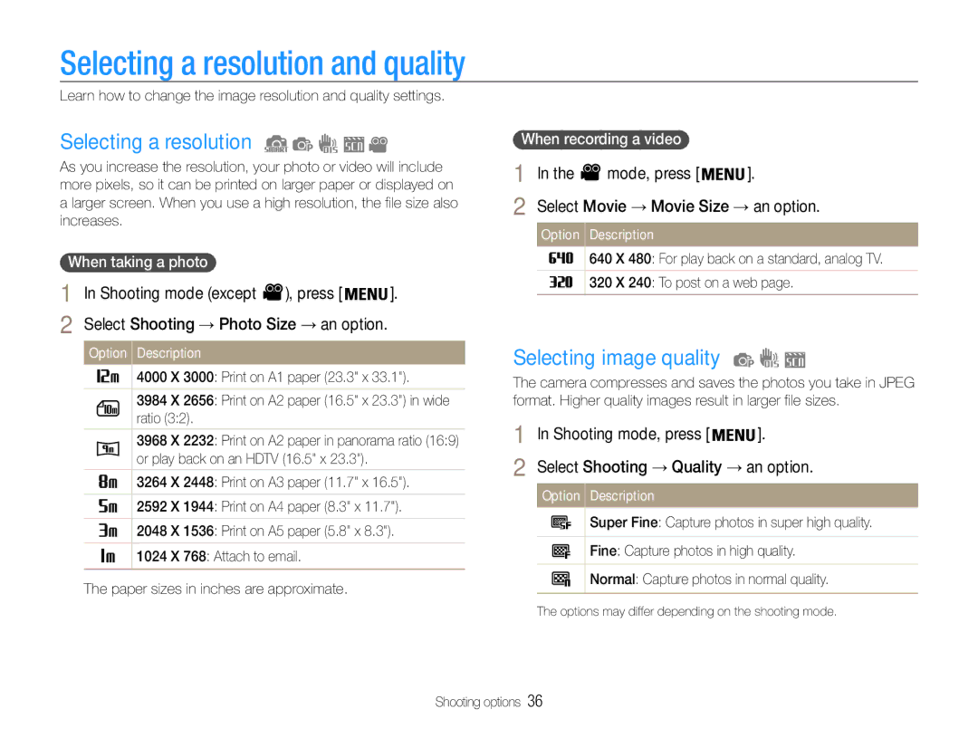 Samsung EC-ES9ZZZBAPKE manual Selecting a resolution and quality, Selecting image quality, Shooting mode except , press 