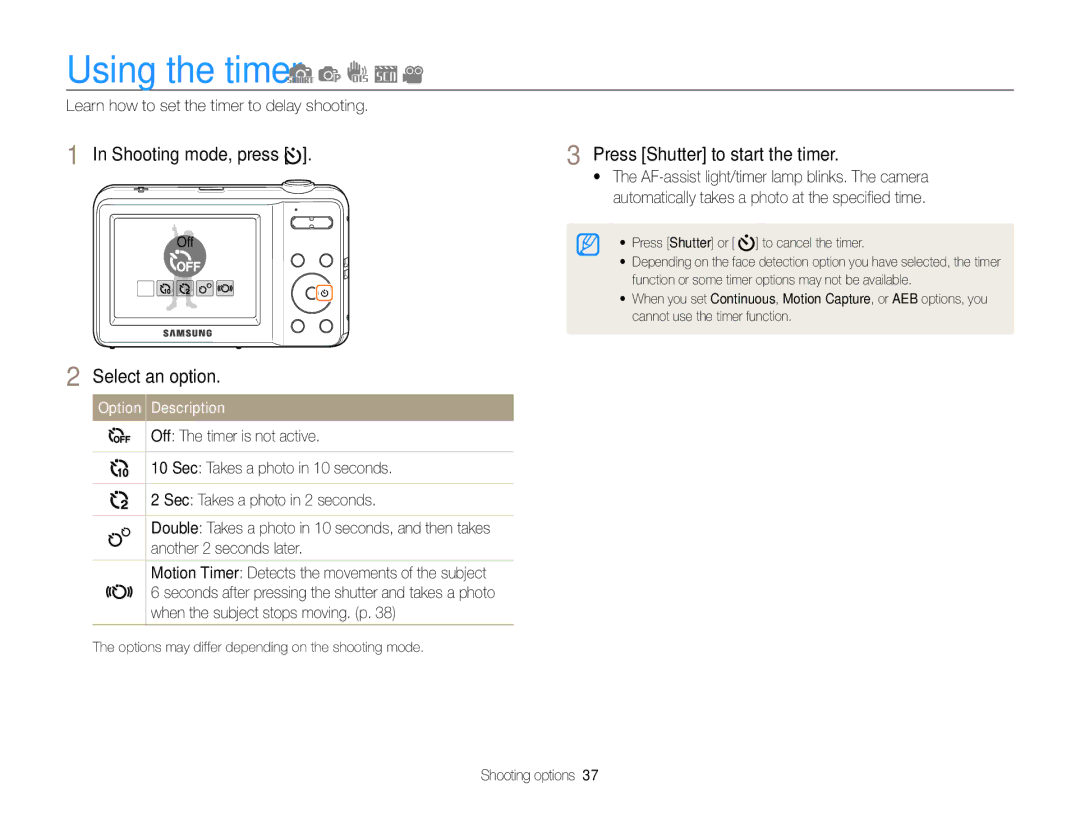 Samsung EC-ES9ZZZBARKE Using the timer, Press Shutter to start the timer, Learn how to set the timer to delay shooting 