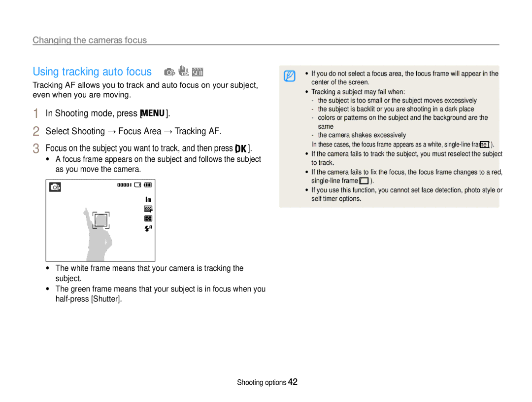 Samsung EC-ES9ZZZBABKE, EC-ES9ZZZBABE1, EC-ES9ZZZBAPE1 manual Using tracking auto focus, Changing the camera’s focus 
