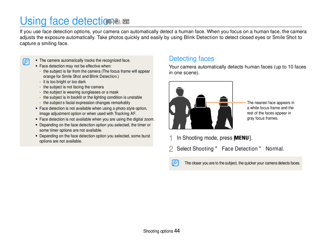 Samsung EC-ES9ZZZBASKE, EC-ES9ZZZBABE1 Using face detection, Detecting faces, Select Shooting → Face Detection → Normal 