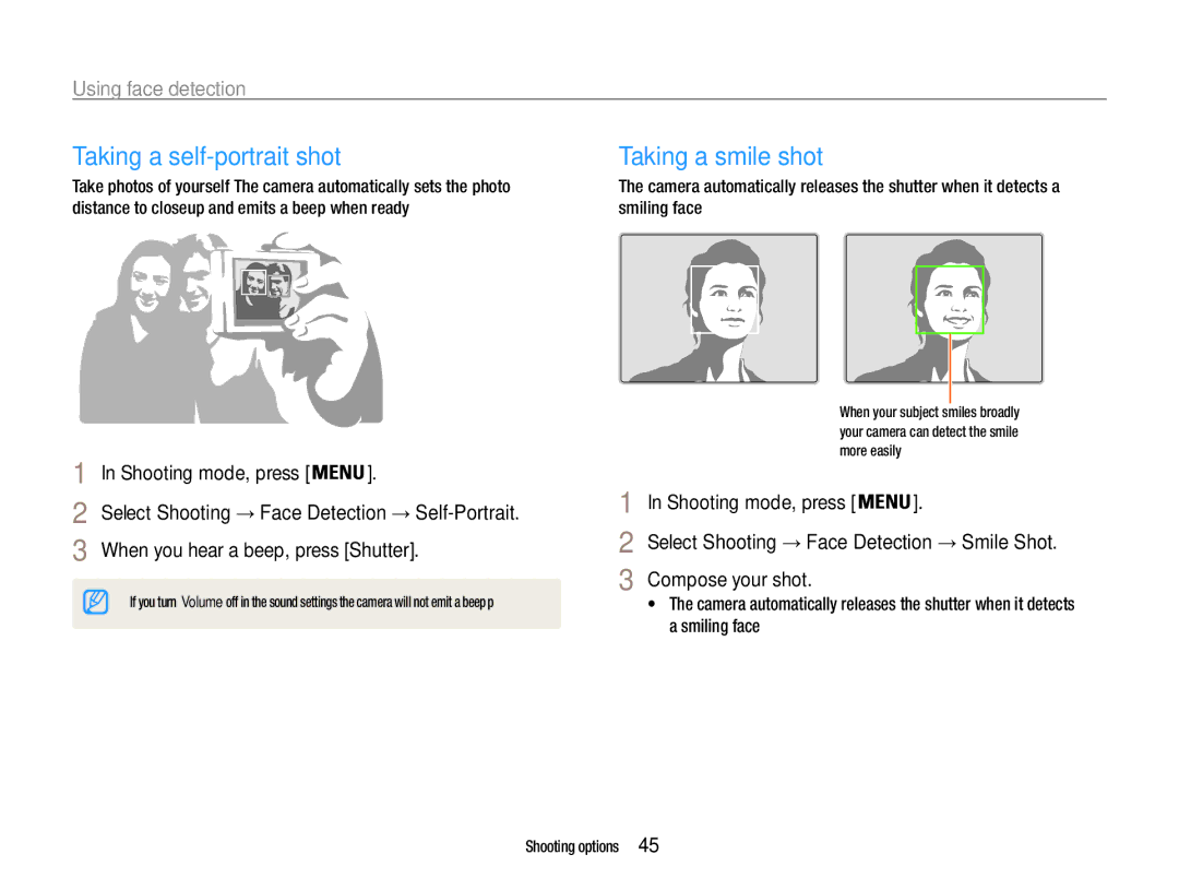 Samsung EC-ES9ZZZBASRU manual Taking a self-portrait shot, Taking a smile shot, Using face detection, Compose your shot 