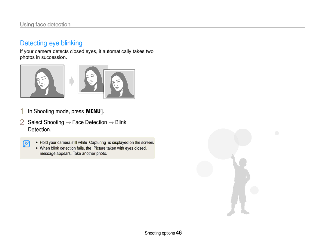 Samsung EC-ES9ZZZDABME, EC-ES9ZZZBABE1, EC-ES9ZZZBAPE1 Detecting eye blinking, Select Shooting → Face Detection → Blink 