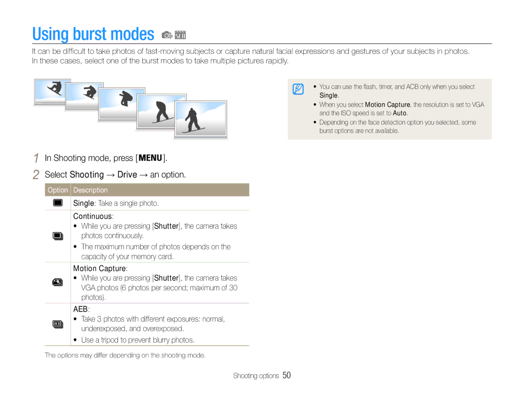 Samsung EC-ES9ZZZBARAE, EC-ES9ZZZBABE1, EC-ES9ZZZBAPE1 manual Using burst modes, Select Shooting → Drive → an option 