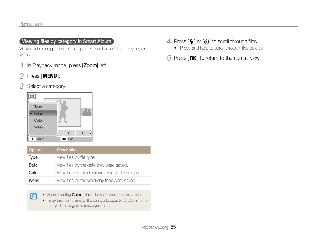 Samsung EC-ES9ZZZBDPVN, EC-ES9ZZZBABE1 manual Playing back, Playback mode, press Zoom left, Select a category, Week 