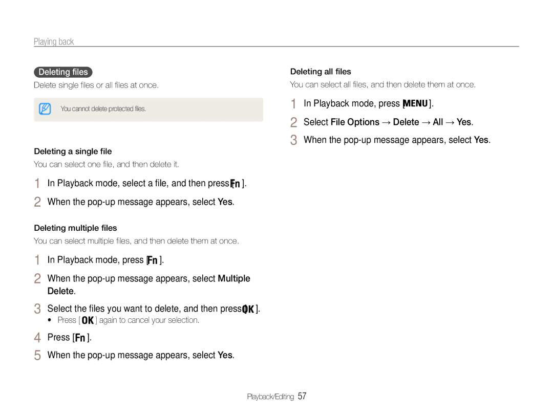 Samsung EC-ES9ZZZBASE3, EC-ES9ZZZBABE1, EC-ES9ZZZBAPE1, EC-ES9ZZZBABRU manual Playback mode, press, Delete, Deleting files 