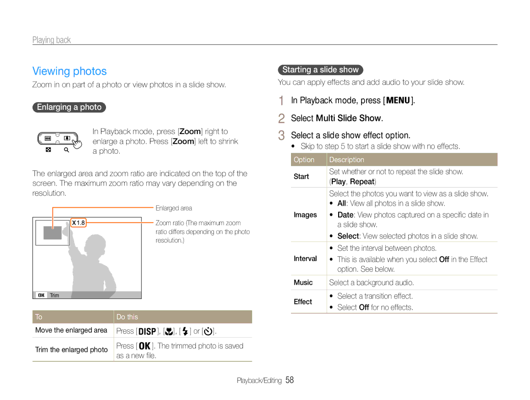 Samsung EC-ES9ZZZBABE3, EC-ES9ZZZBABE1, EC-ES9ZZZBAPE1 Viewing photos, Starting a slide show, Enlarging a photo, Do this 