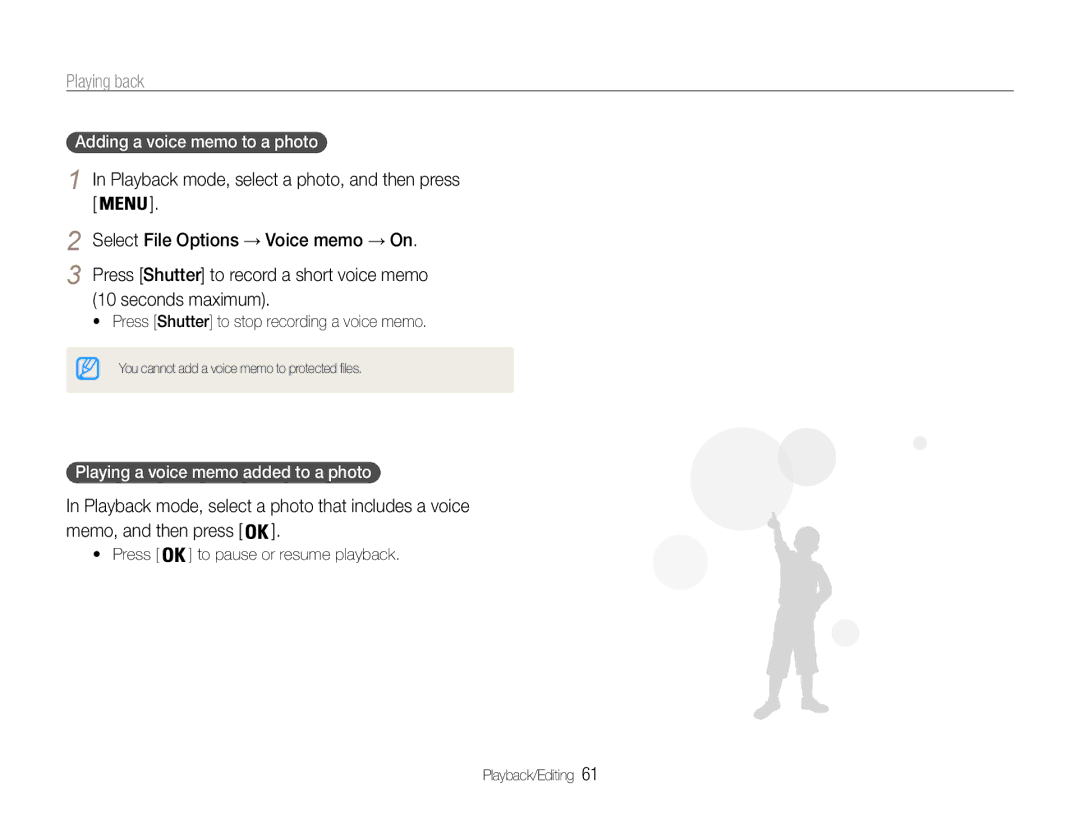 Samsung EC-ES9ZZZBABE2, EC-ES9ZZZBABE1 Playback mode, select a photo that includes a voice, Adding a voice memo to a photo 