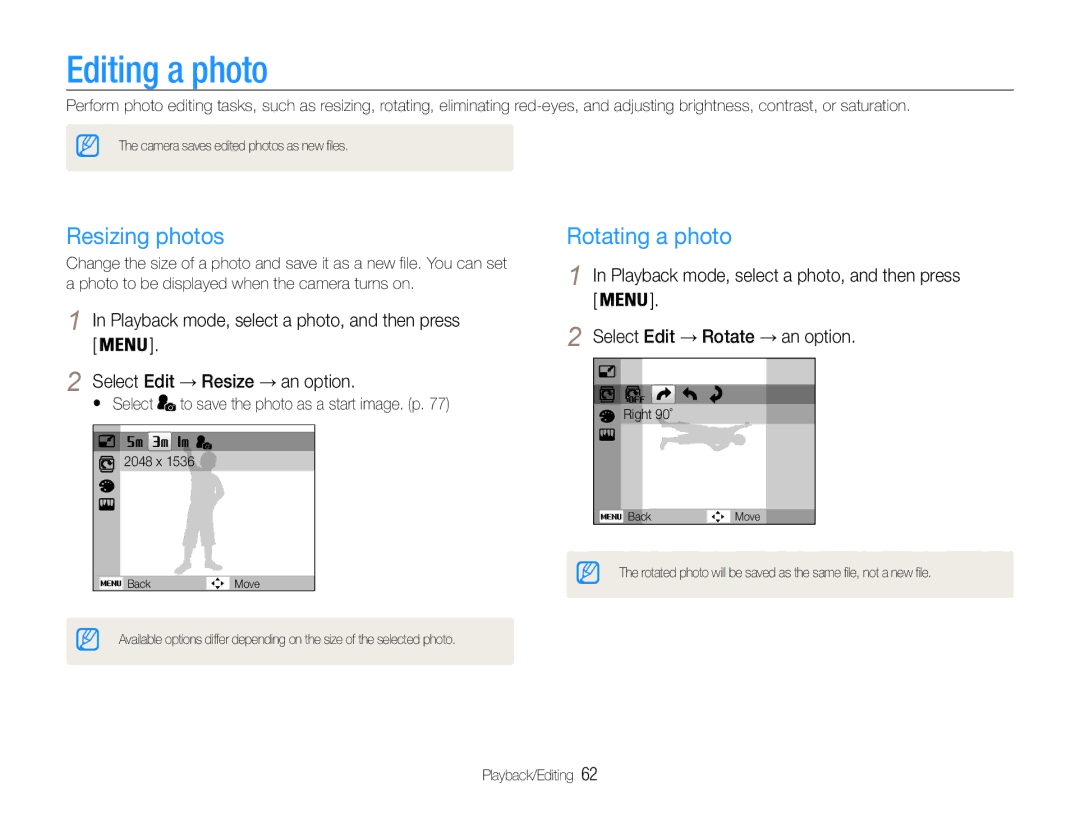 Samsung EC-ES9ZZZBARE2, EC-ES9ZZZBABE1, EC-ES9ZZZBAPE1, EC-ES9ZZZBABRU Editing a photo, Resizing photos, Rotating a photo 