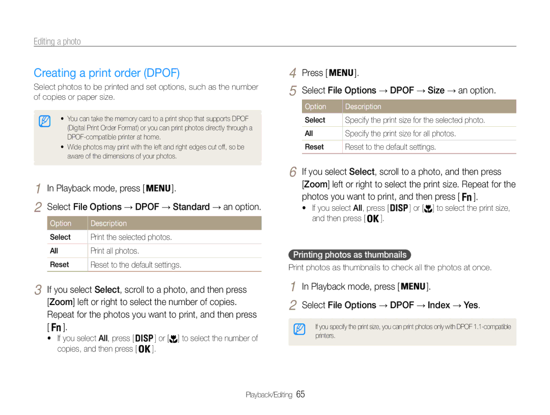 Samsung EC-ES9ZZZBABRU, EC-ES9ZZZBABE1 Creating a print order Dpof, Press Select File Options → Dpof → Size → an option 