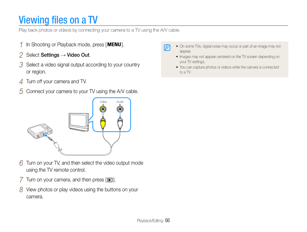 Samsung EC-ES9ZZZBASAE, EC-ES9ZZZBABE1 Viewing files on a TV, Camera, View photos or play videos using the buttons on your 