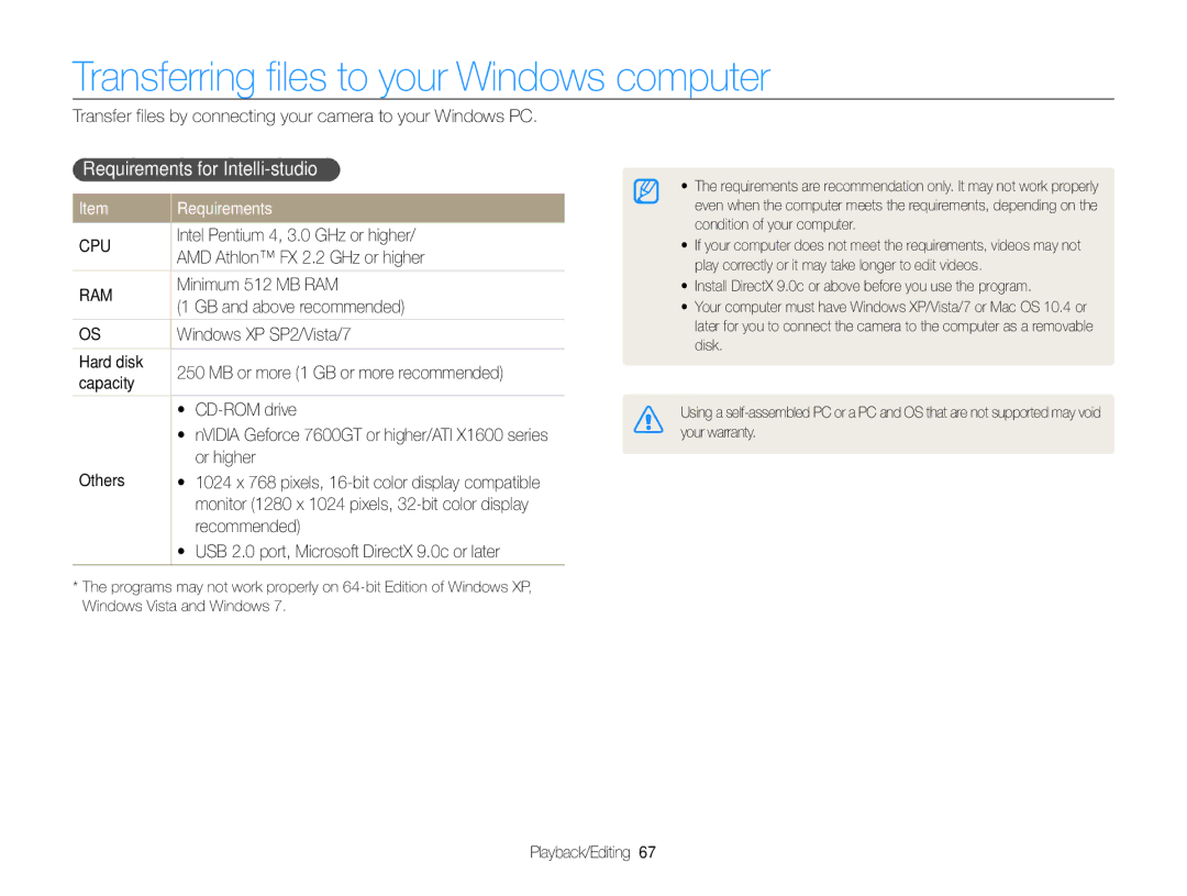 Samsung EC-ES9ZZZBDBSA, EC-ES9ZZZBABE1 manual Transferring files to your Windows computer, Requirements for Intelli-studio 