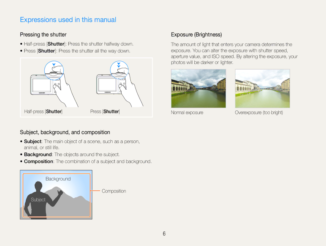 Samsung EC-ES9ZZZBDSSA Expressions used in this manual, Pressing the shutter, Subject, background, and composition 