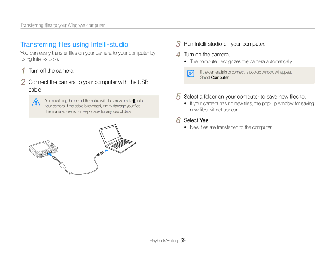 Samsung EC-ES9ZZZBARKE Transferring files using Intelli-studio, Run Intelli-studio on your computer Turn on the camera 