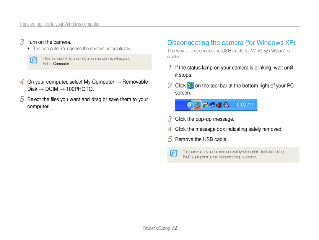 Samsung EC-ES9ZZZDARME Disconnecting the camera for Windows XP, Screen Click the pop-up message, Remove the USB cable 