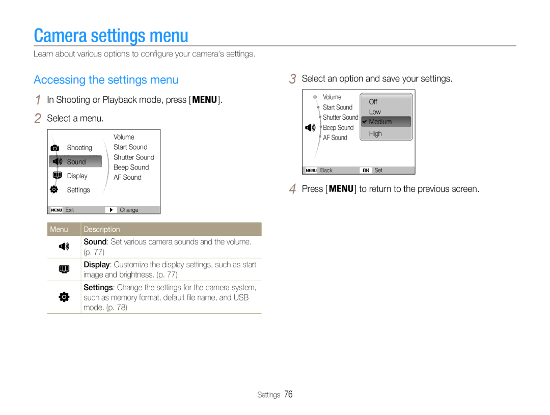 Samsung EC-ES9ZZZBASKE manual Camera settings menu, Accessing the settings menu, Select an option and save your settings 