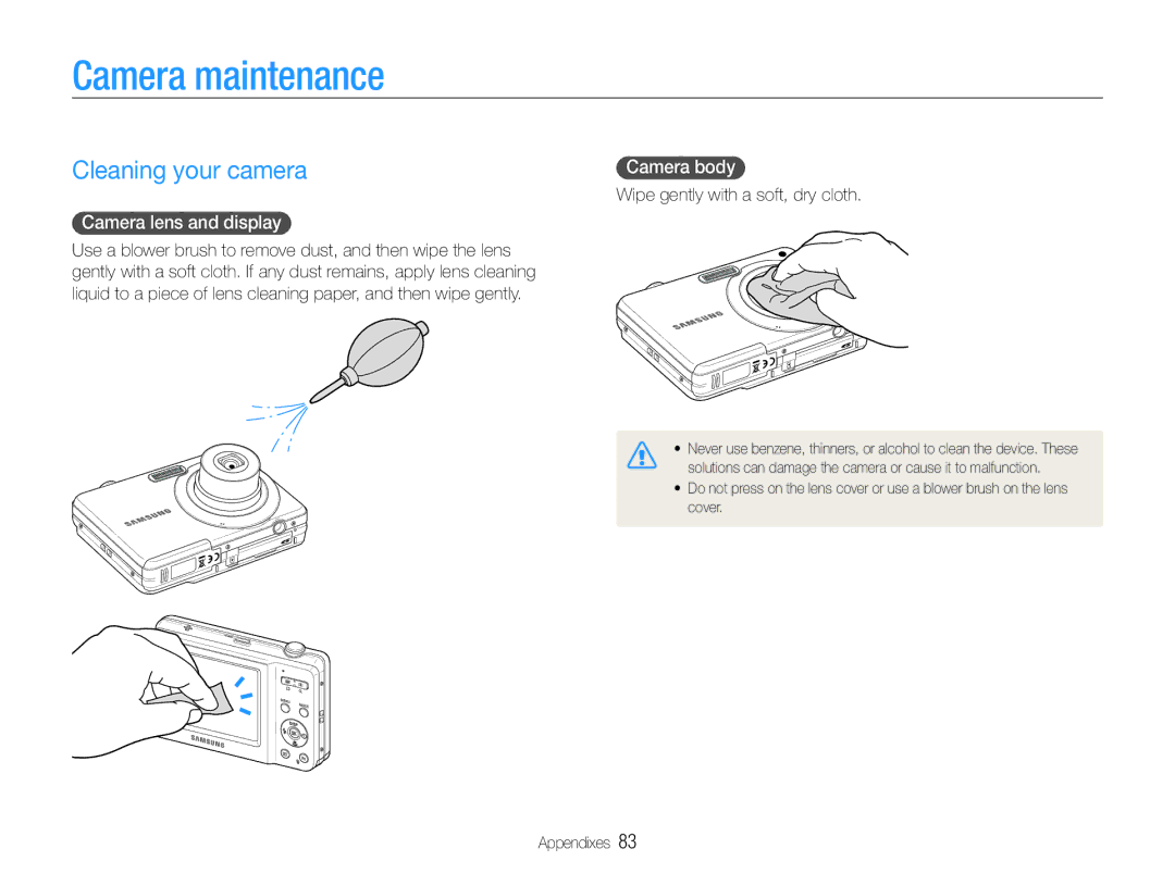 Samsung EC-ES9ZZZBASIL, EC-ES9ZZZBABE1 manual Camera maintenance, Cleaning your camera, Camera lens and display, Camera body 