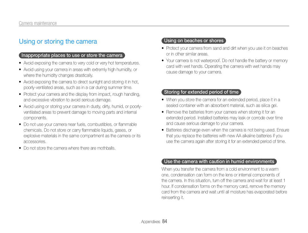 Samsung EC-ES9ZZZDABIR, EC-ES9ZZZBABE1, EC-ES9ZZZBAPE1, EC-ES9ZZZBABRU manual Using or storing the camera, Camera maintenance 