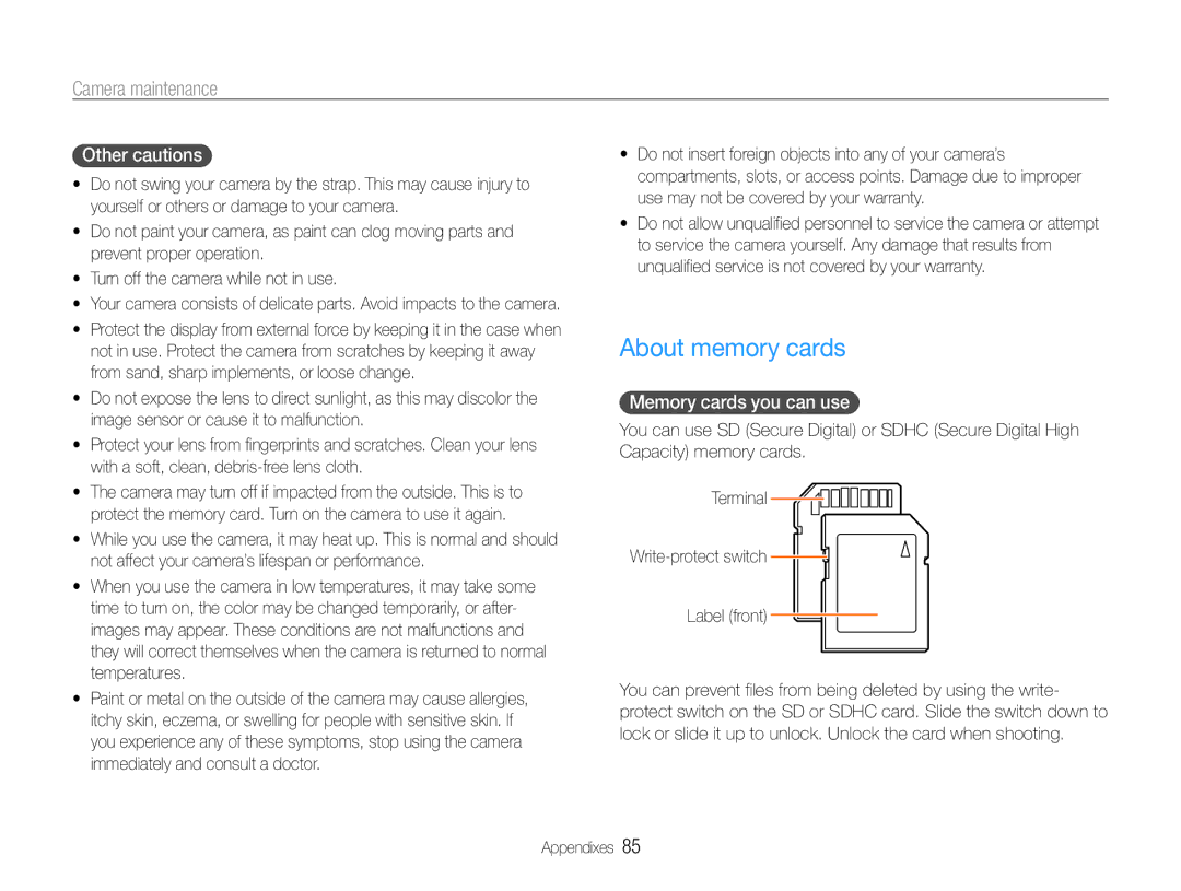 Samsung EC-ES9ZZZDARIR, EC-ES9ZZZBABE1, EC-ES9ZZZBAPE1 manual About memory cards, Other cautions, Memory cards you can use 