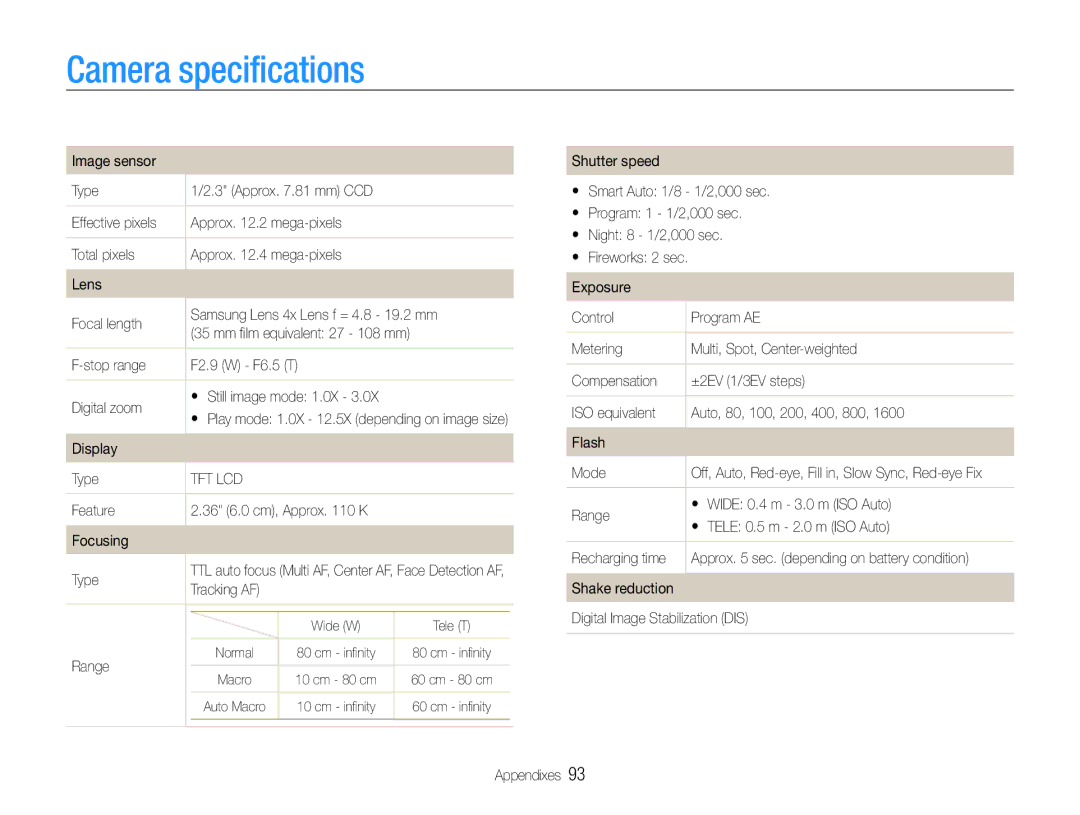 Samsung EC-ES9ZZZBABE2, EC-ES9ZZZBABE1, EC-ES9ZZZBAPE1, EC-ES9ZZZBABRU, EC-ES9ZZZBASAE, EC-ES9ZZZBDBSA Camera specifications 