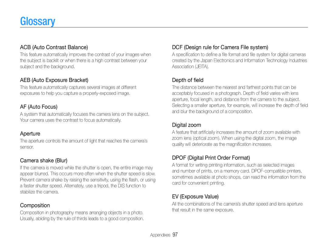 Samsung EC-ES9ZZZBABRU, EC-ES9ZZZBABE1, EC-ES9ZZZBAPE1, EC-ES9ZZZBASAE, EC-ES9ZZZBDBSA, EC-ES9ZZZBAPKE, EC-ES9ZZZBARKE Glossary 