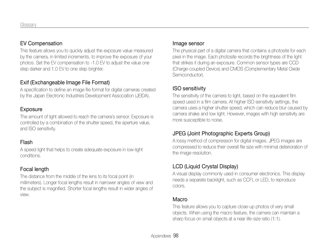 Samsung EC-ES9ZZZBASAE, EC-ES9ZZZBABE1, EC-ES9ZZZBAPE1, EC-ES9ZZZBABRU, EC-ES9ZZZBDBSA, EC-ES9ZZZBAPKE, EC-ES9ZZZBARKE Glossary 