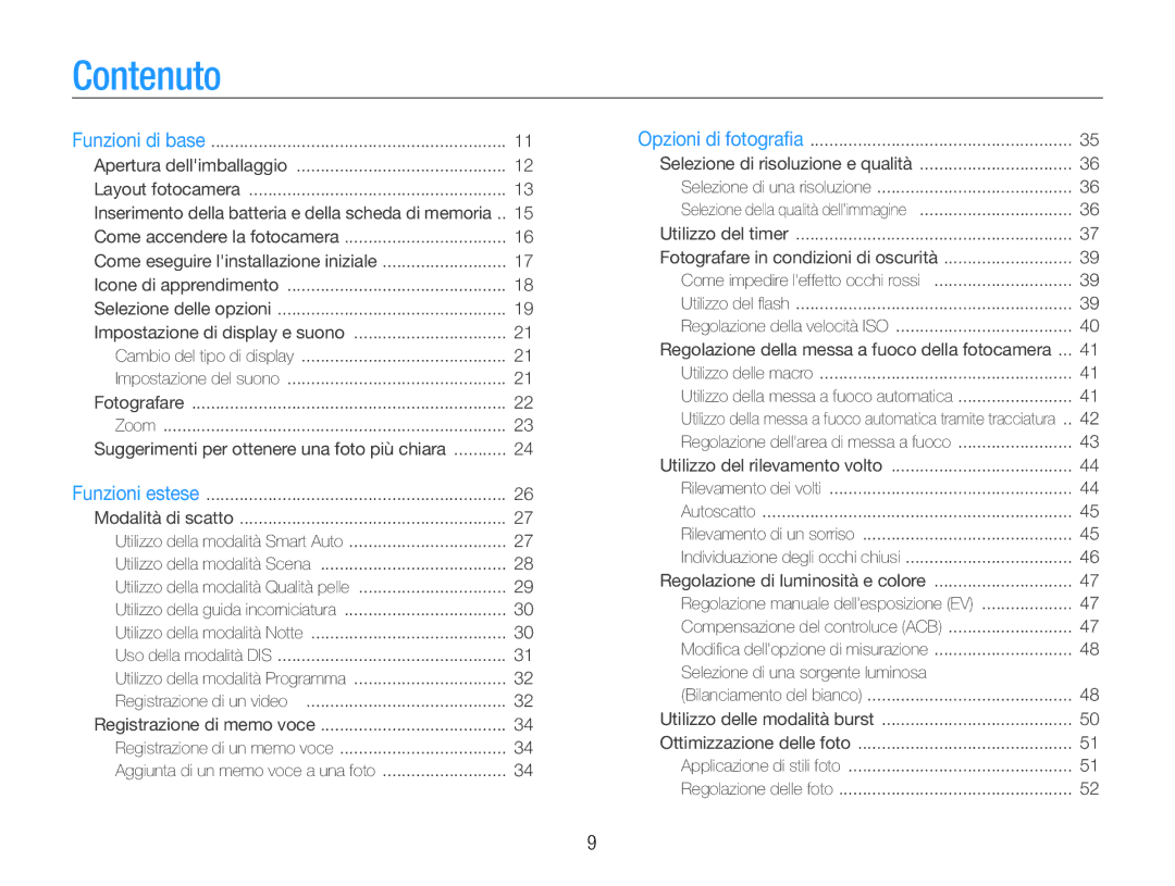 Samsung EC-ES9ZZZBABE1, EC-ES9ZZZBAPE1 manual Contenuto, Inserimento della batteria e della scheda di memoria 