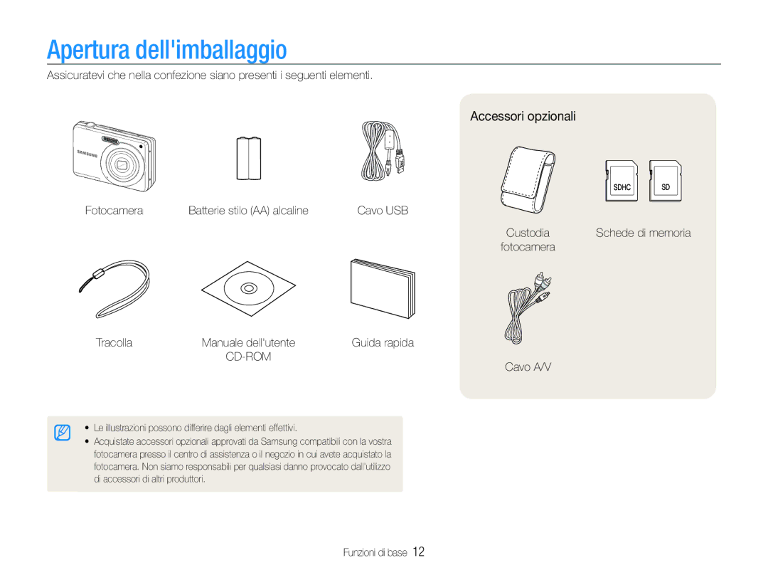 Samsung EC-ES9ZZZBAPE1, EC-ES9ZZZBABE1 manual Apertura dellimballaggio, Accessori opzionali 