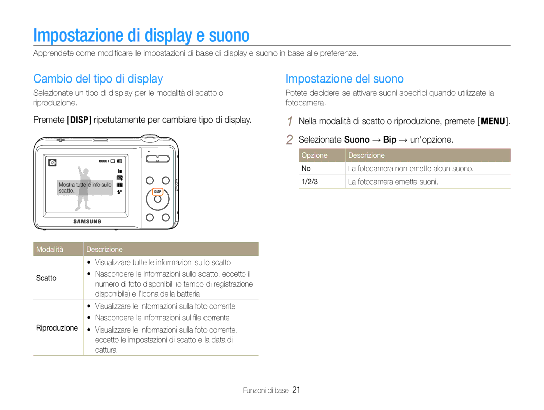 Samsung EC-ES9ZZZBABE1, EC-ES9ZZZBAPE1 Impostazione di display e suono, Cambio del tipo di display, Impostazione del suono 